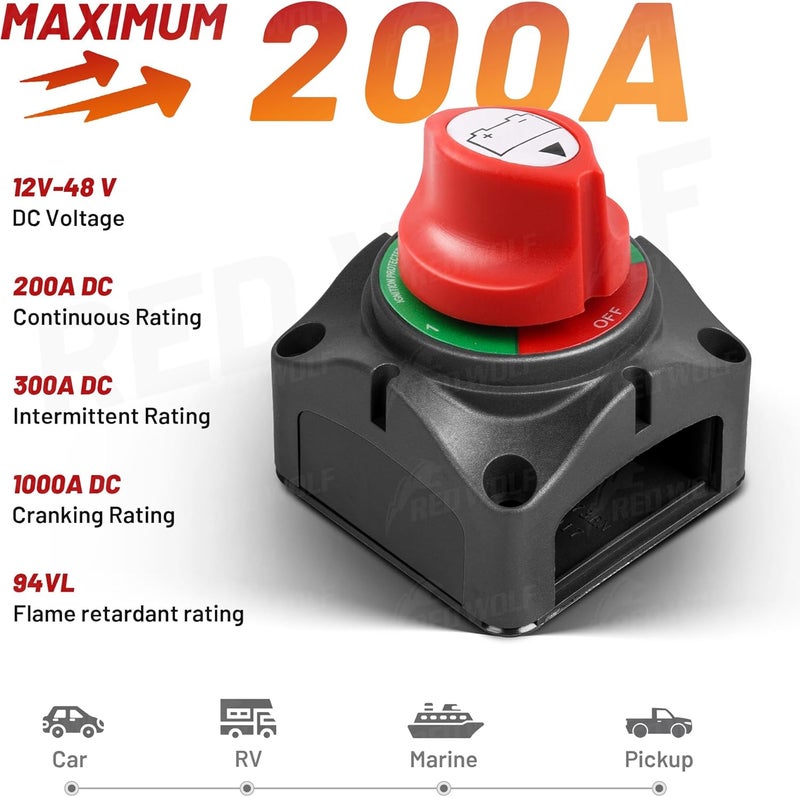 RED WOLF 1-2-Both-Off Battery Switch DC 12V-48V 200A, Heavy Duty Marine Battery Power Cut Master Switch Disconnect Isolator Ignition Protected for Automotive RV Marine Battery Kill w/M8 Stud - Image 2